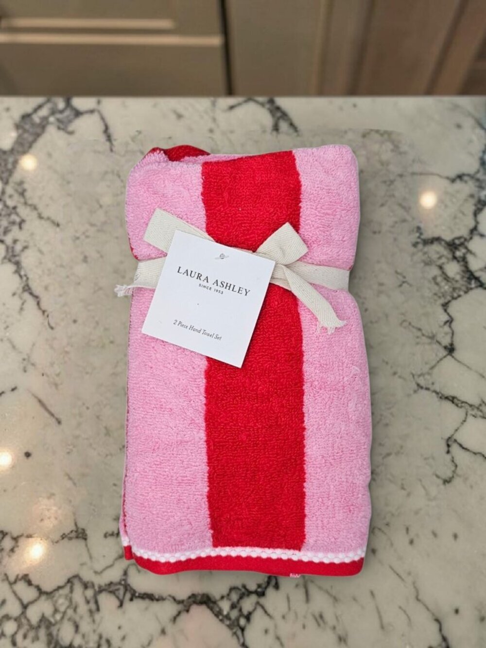 Laura Ashley 2 Piece Hand Towel Set New Cotton Plush Stripe Red Pink 16"x28"